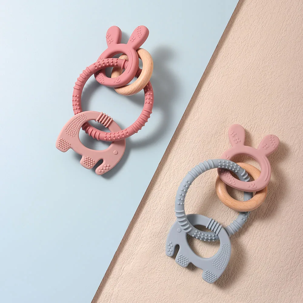 Silicone teether baby gift bunny elephant shaped cute teething ring toy chew bead rabbit sensoryd sensory gum relief soother