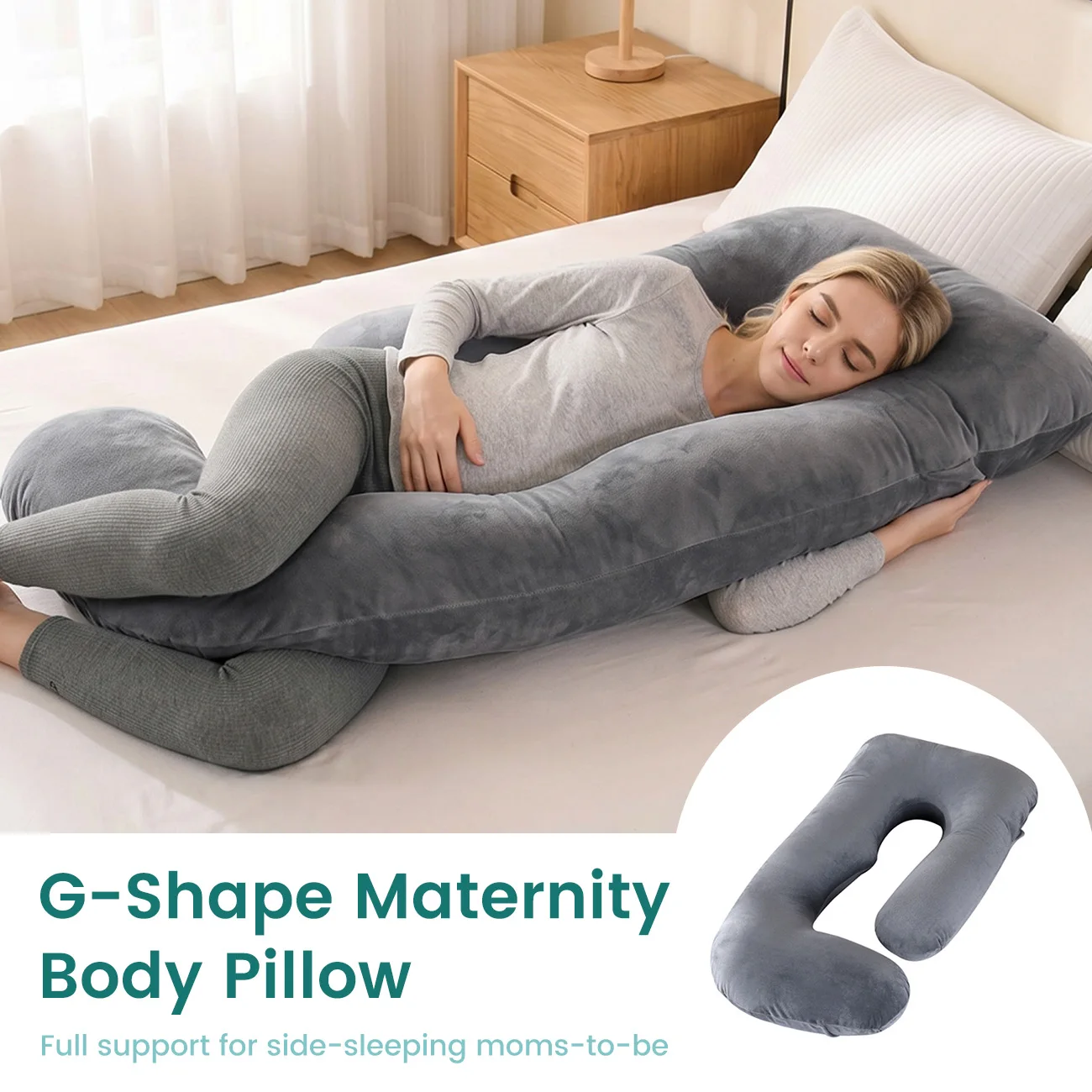 G-Shape Maternity Pillow, Full Body Support Pregnancy Pillow for Sleeping, Nursing & Side Sleeping, Soft Cotton Cover, Gray