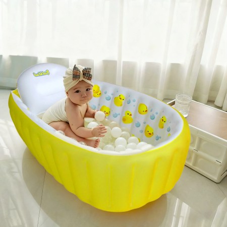 Inflatable Bathtub Pool for Sitting up, Blow up Portable Non-slip Baby Toddler Bathtub for Kids 0-6 Month, Yellow