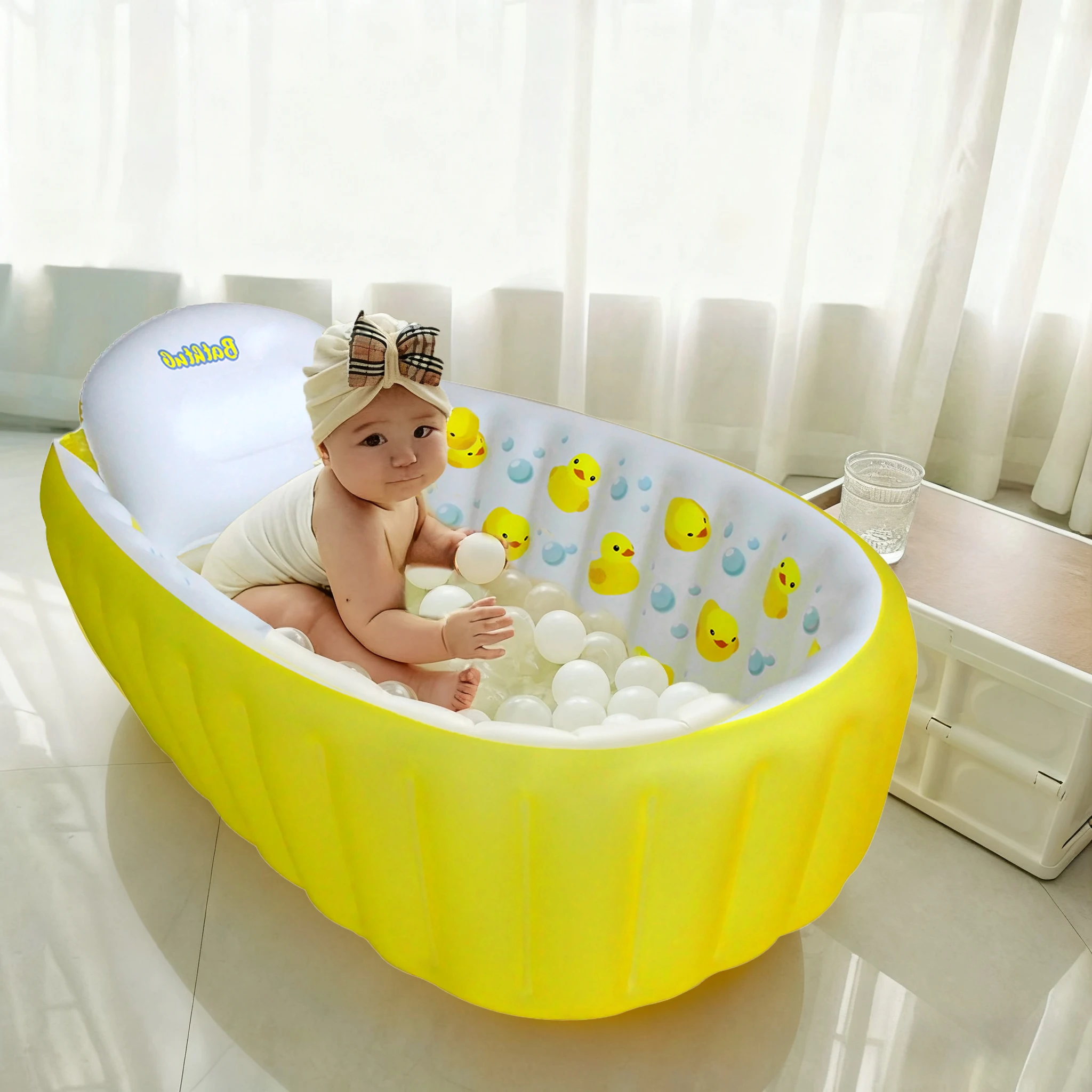 Inflatable Bathtub Pool for Sitting up, Blow up Portable Non-slip Baby Toddler Bathtub for Kids 0-6 Month, Yellow