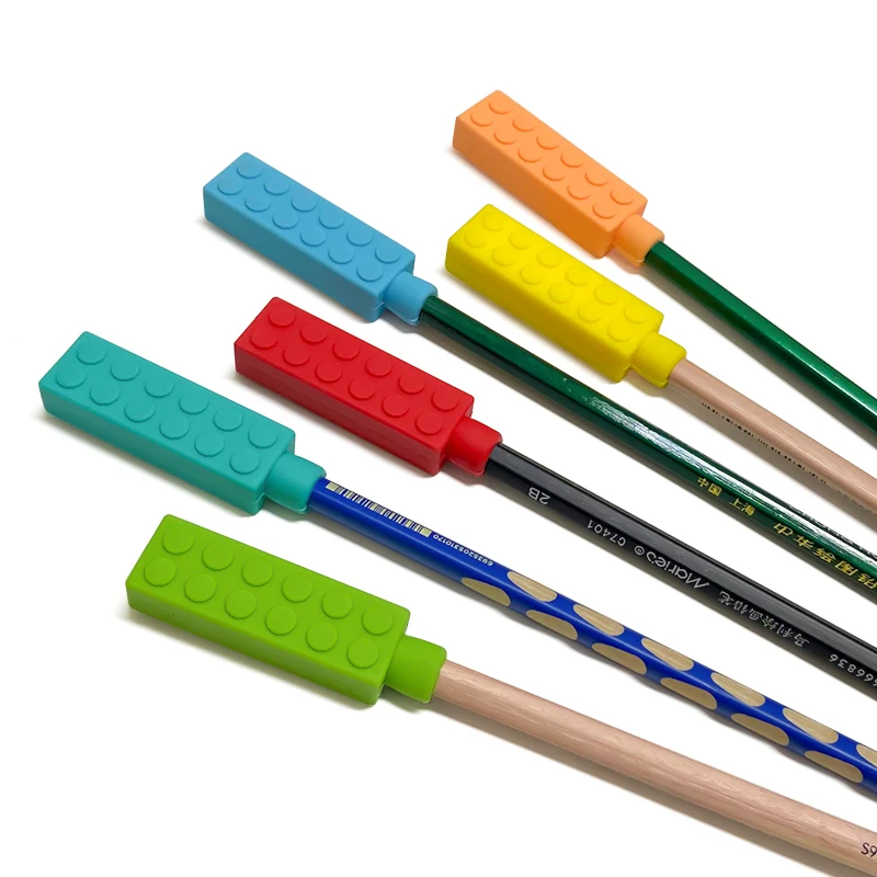 1/6pcs Building block Sensory Chew Necklace Brick Chewy Kids Silicone Pencil Topper Teether Toy Silicone teether for children - Image 4