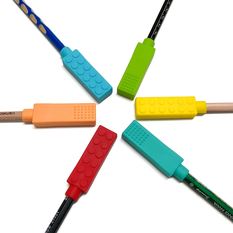 1/6pcs Building block Sensory Chew Necklace Brick Chewy Kids Silicone Pencil Topper Teether Toy Silicone teether for children - Image 3