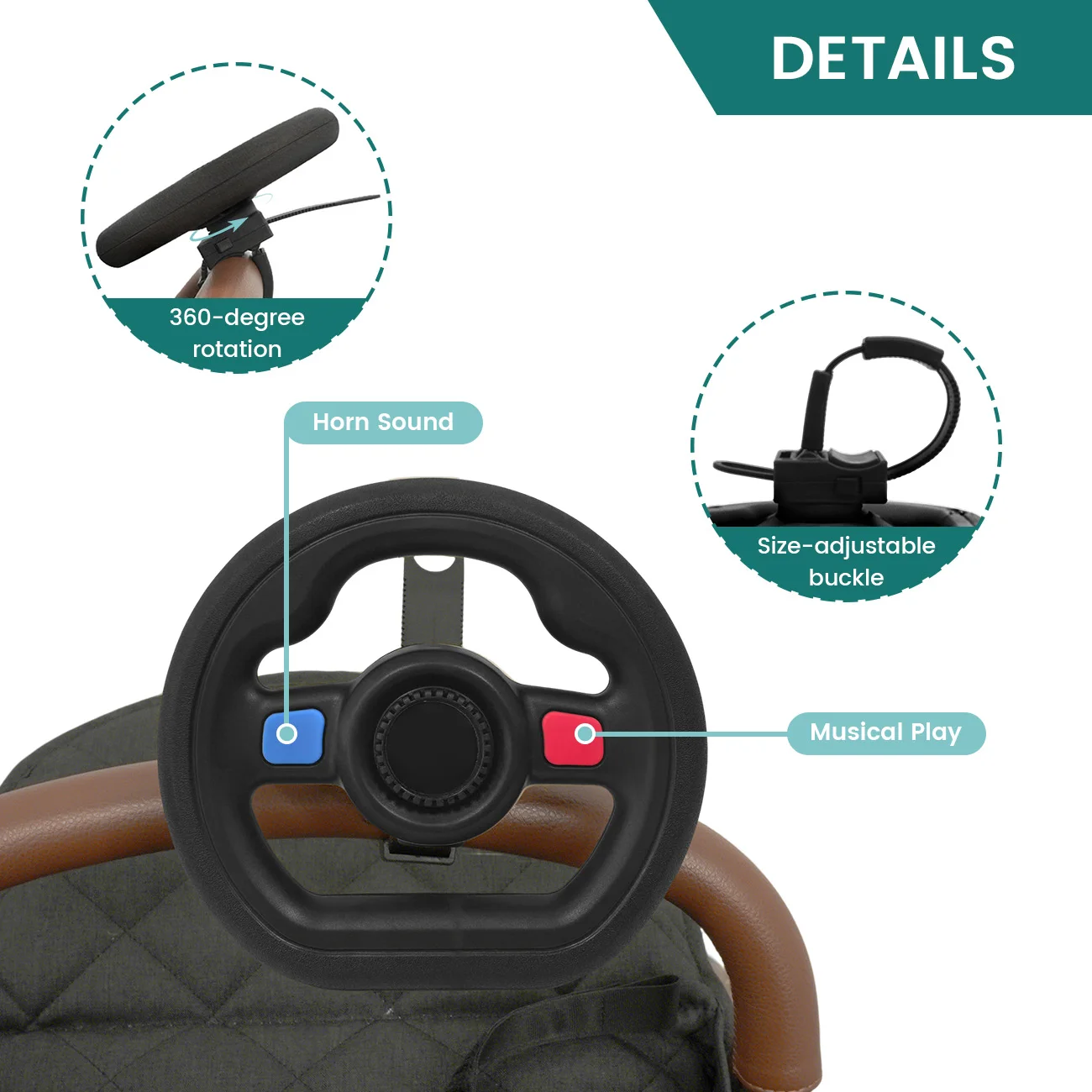 Baby Stroller Steering Wheel Toy, Musical Simulation Driving Toy with Horn Sound, Adjustable Mount 360° Rotatable Toddler Preten - Image 4