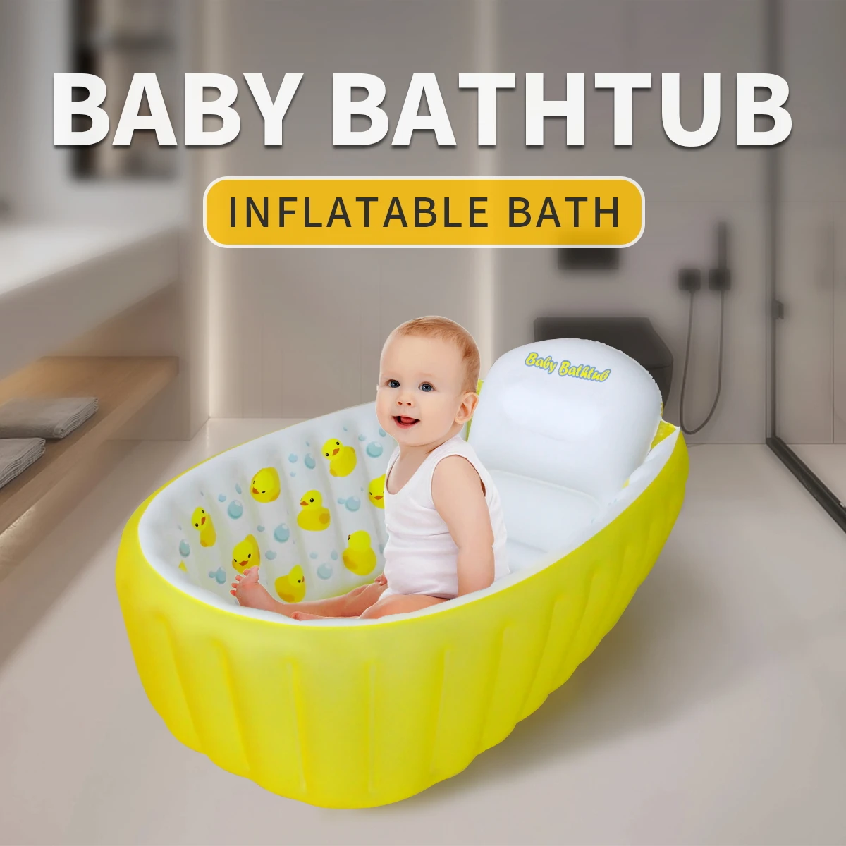 Inflatable Bathtub Pool for Sitting up, Blow up Portable Non-slip Baby Toddler Bathtub for Kids 0-6 Month, Yellow - Image 2