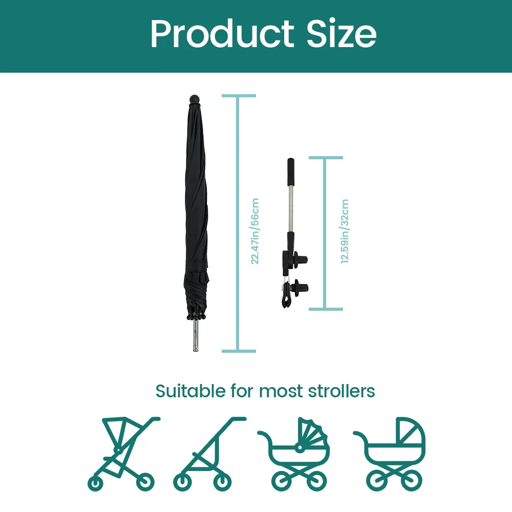 Universal 360° Adjustable Baby Stroller Sunshade Umbrella, UV Protection Waterproof Clip-On Parasol, for Most Strollers - Image 6