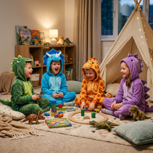 Four children sitting on the floor in dinosaur onesies playing with toys and blocks inside a room with a teepee and bookshelf