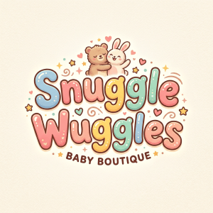 Hugging bear and bunny above colorful Snuggle Wuggles Baby Boutique text