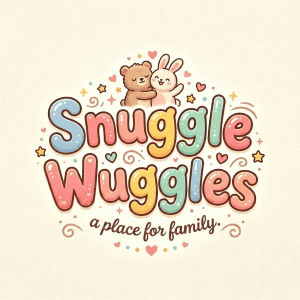 Hugging bear and bunny above colorful Snuggle Wuggles Baby Boutique text