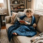 Child sitting on couch wrapped in blue blanket reading a book titled 'The Snowy Day'