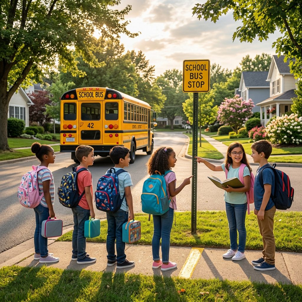 Children waiting at a school bus stop with backpacks and lunchboxes near a yellow school bus