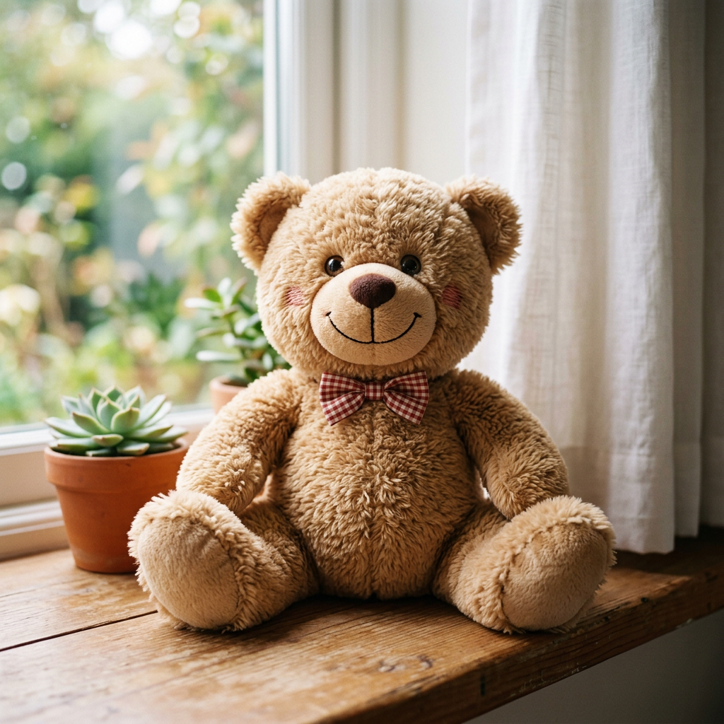 Plush teddy bear wearing a checkered bow tie sitting on a wooden windowsill with potted succulents