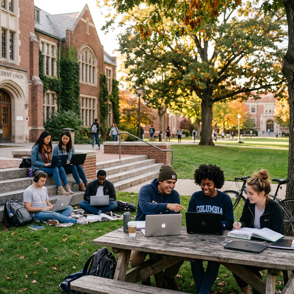 Group of college students working on laptops and books outside on campus